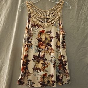 Naif Sleeveless Cream Floral Summer Blouse with unique Crocheted Neckline